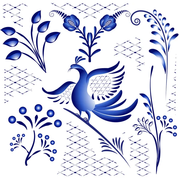 Set blue ethnic elements for design in gzhel style. Twigs, flowers and birds isolated on white background. — Stock Vector