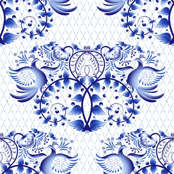 Imitación de patrón sin costura de la pintura sobre porcelana en el estilo ruso Gzhel o pintura china. Fondo claro con aves . — Vector de stock