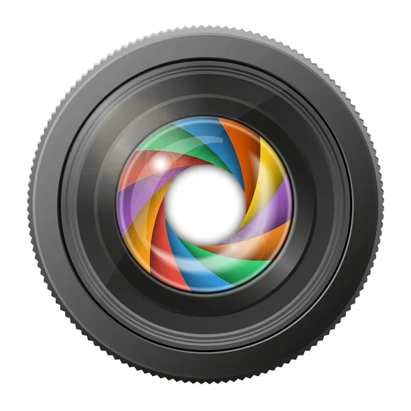 Objectif caméra avec obturateur multicolore ouvert, isolé sur fond blanc . — Image vectorielle