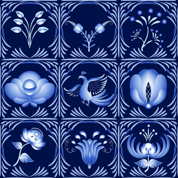 Set of elements in gzhel style as a dark blue ceramic tile. It can be used as a seamless pattern. — Stock Vector