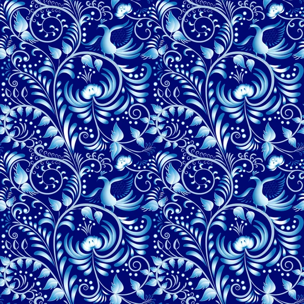 Patrón sin costura flor con elementos de estilo gzhel popular o pintura de porcelana china. Fondo azul oscuro . — Vector de stock