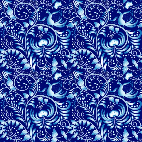 Padrão sem costura flor com elementos de estilo gzhel popular ou pintura de porcelana chinesa. Fundo azul escuro . — Vetor de Stock