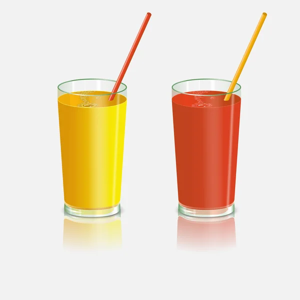 Two glasses with juice. Tomato and orange drink with straws. — Stock Vector