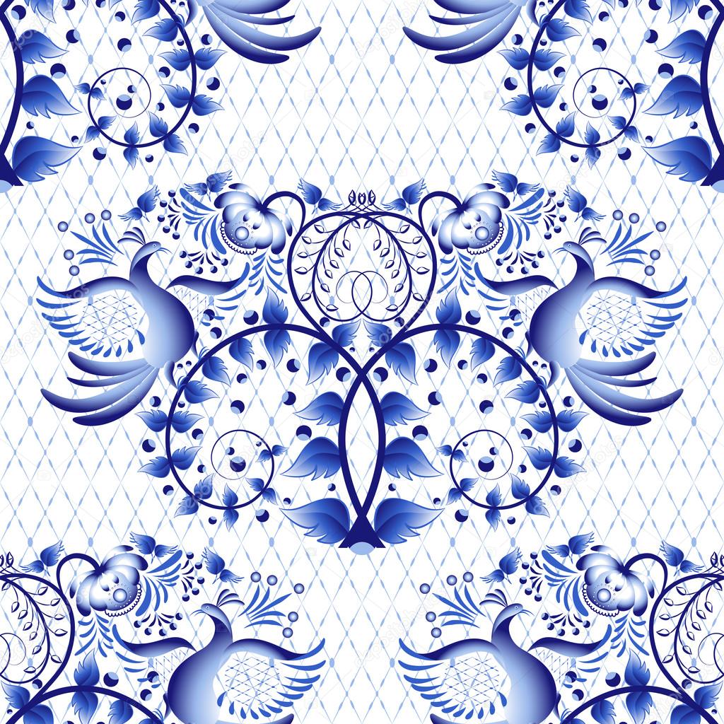 Seamless pattern imitation of painting on porcelain in the Russian style Gzhel or Chinese painting. Light background with birds.