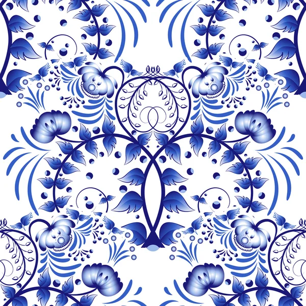 Dikişsiz desen gzhel tarzı resim porselen üzerine dayalı. Ulusal stil süsleme. Beyaz zemin üzerinde mavi çiçek resim. — Stok Vektör