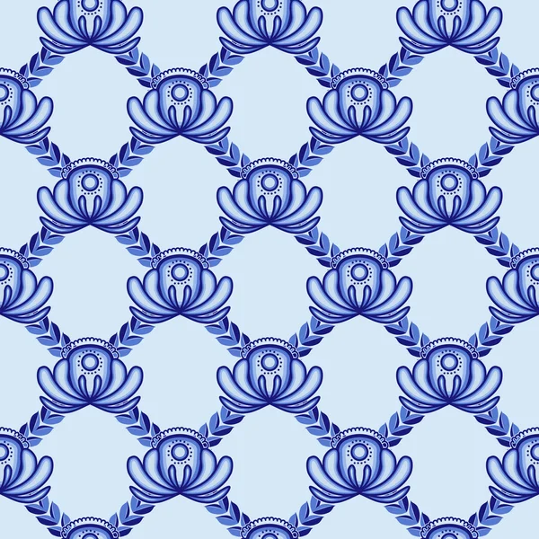 Lattice from blue flowers and leaves. A seamless pattern in the Gzhel style. — Stock Vector