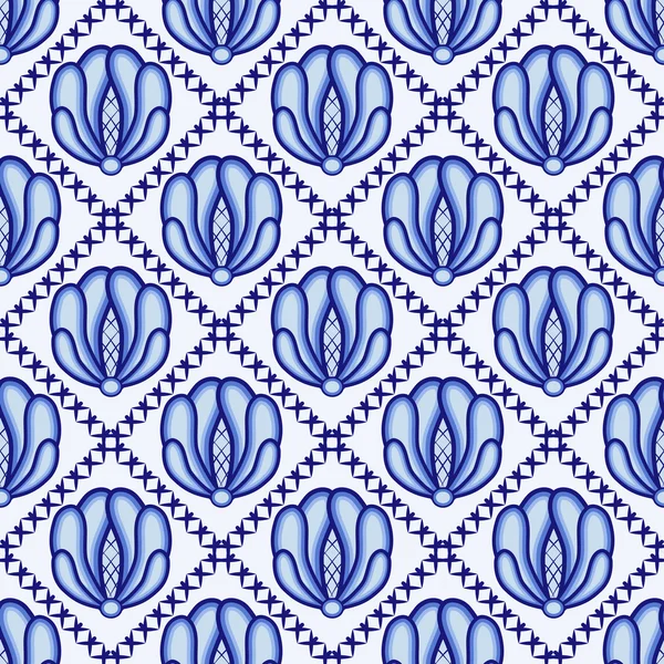 Continuous flower pattern in style Gzhel. Lattice and large blue flowers. A background for design. — Stock Vector