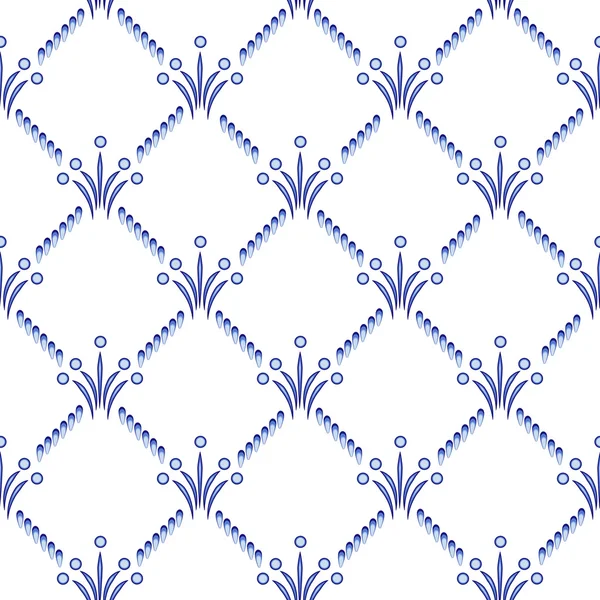 El patrón geométrico repetitivo en estilo Gzhel. Una celosía con pequeños elementos azules. Formación étnica . — Vector de stock