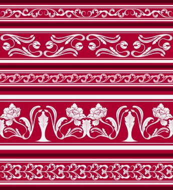 Set of seamless borders in the eastern style of painting. Ornament of white flowers and curls on a red background.