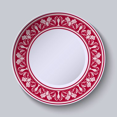 Red ornament with with flowers at the edge of the ceramic plate. Stylized Chinese porcelain painting.