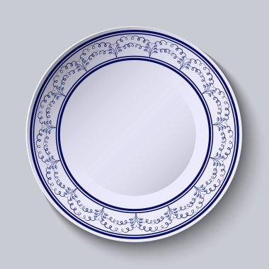 Painted plates with a blue ornament in ethnic style with an empty space in the center.
