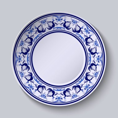 Plate with pattern in gzhel style of painting on porcelain. Wide ornament along the edge with flowers and birds.