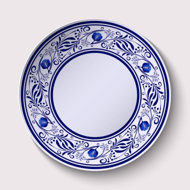 Plate with a wide floral design border in the style of Gzhel with an empty space in the center.