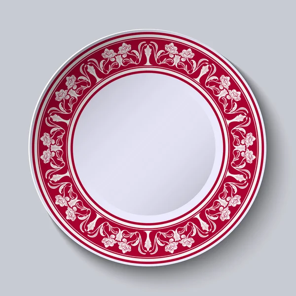 Red ornament with with flowers at the edge of the ceramic plate. Stylized Chinese porcelain painting. — 스톡 벡터