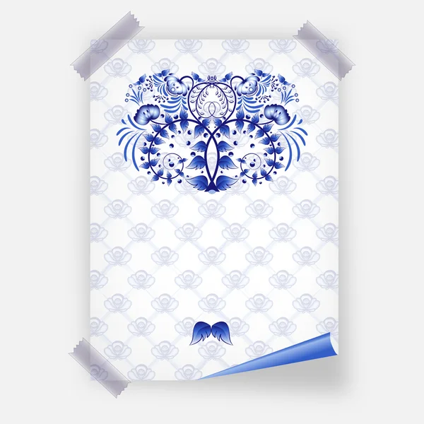 Background in the form of a poster attached to the wall with tape. Beautiful floral ornament in the style of Chinese painting in the background pattern of watercolor lattice. — Stok Vektör