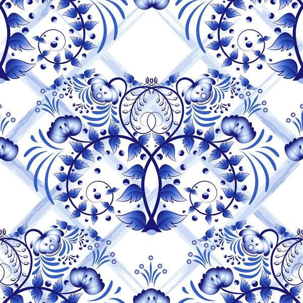 Seamless blue floral pattern with lattice strips of watercolor. Imitation of painting on porcelain in the Russian style Gzhel or Chinese painting. — Stockvector