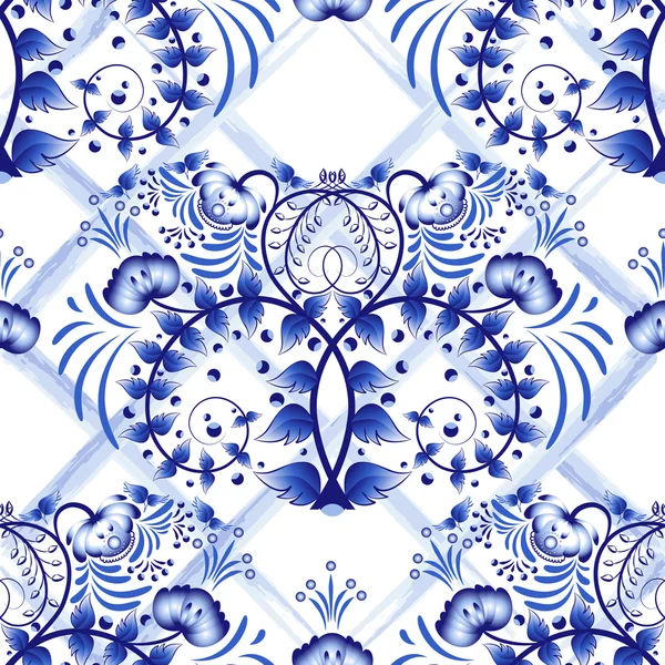 Patrón floral azul sin costuras con tiras de celosía de acuarela. Imitación de la pintura sobre porcelana en el estilo ruso Gzhel o pintura china . — Vector de stock