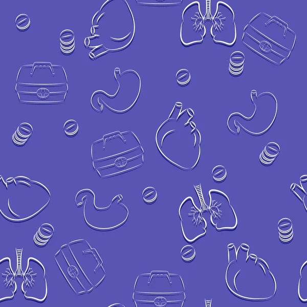 Modèle sans couture sur un médicament à thème. Icônes de contour blanc sur fond bleu . — Image vectorielle