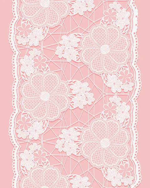 White seamless lace ribbon on pink background. Vertical border of floral elements. — Stockvector