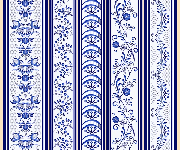 Set of seamless vertical borders in the ethnic style of painting on porcelain. — Stock Vector