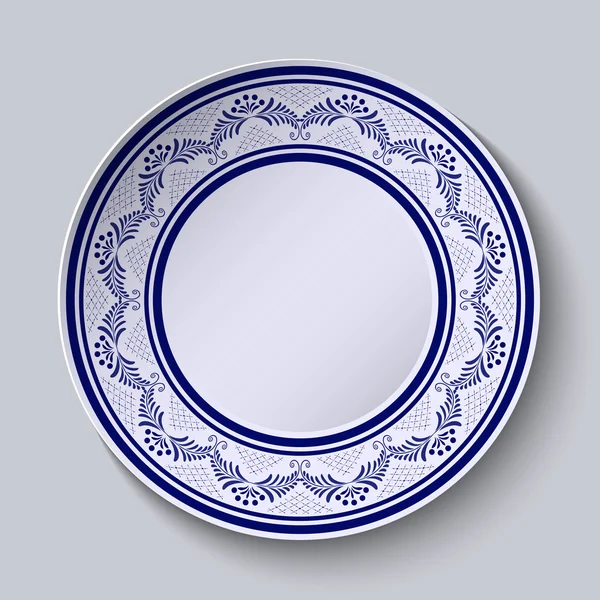 Plate with blue ornamental border. Template design in folk style Gzhel porcelain painting. — Stock Vector
