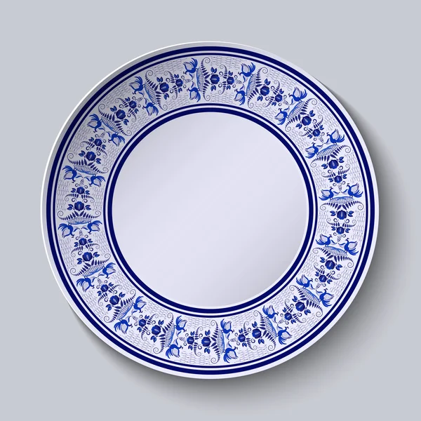 Il piatto decorativo ornato. Disegno del modello in stile etnico Gzhel pittura in porcellana con fiori e uccelli . — Vettoriale Stock