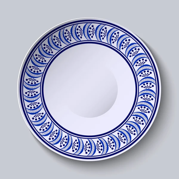 Assiette avec ornement bleu sur le bord. Modèle de conception dans le style ethnique Gzhel porcelaine peinture . — Image vectorielle