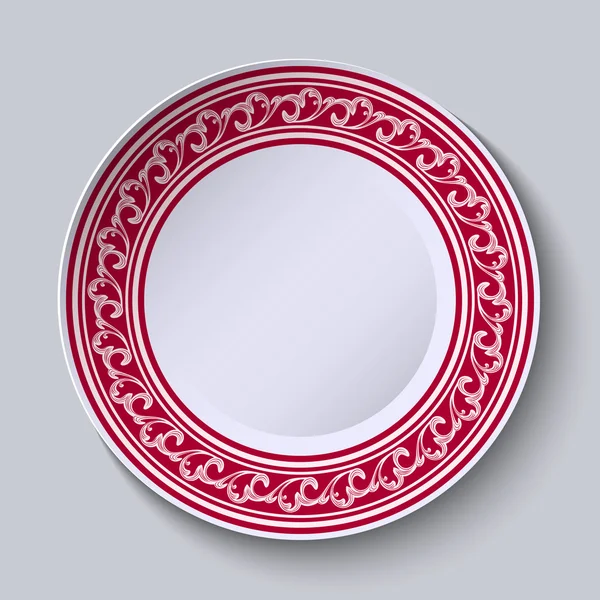The circular red pattern with empty space in the center. White porcelain plate with a picture in the style of oriental paintings. — Stock Vector