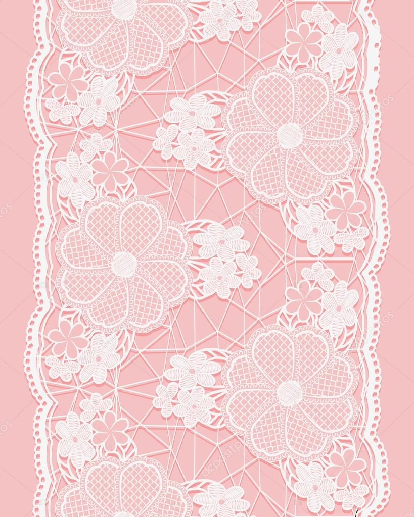 White seamless lace ribbon on pink background. Vertical border of floral elements.
