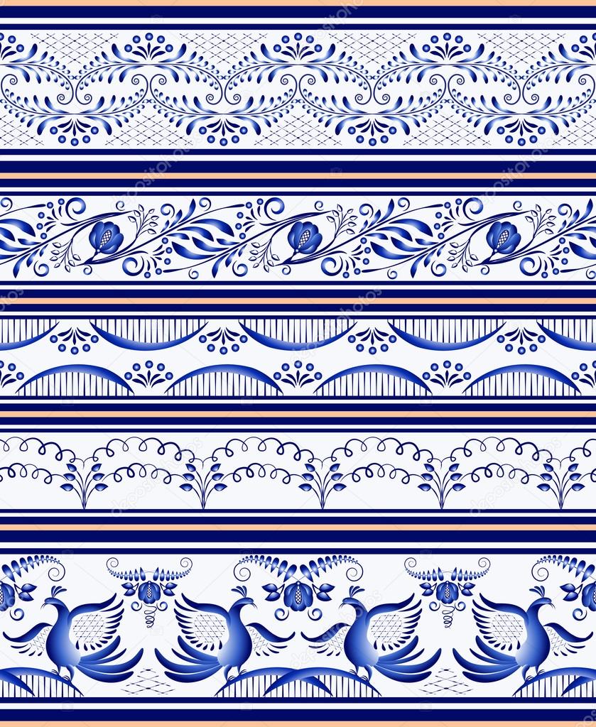 Set of seamless horizontal borders or ethnic style Gzhel porcelain painting.