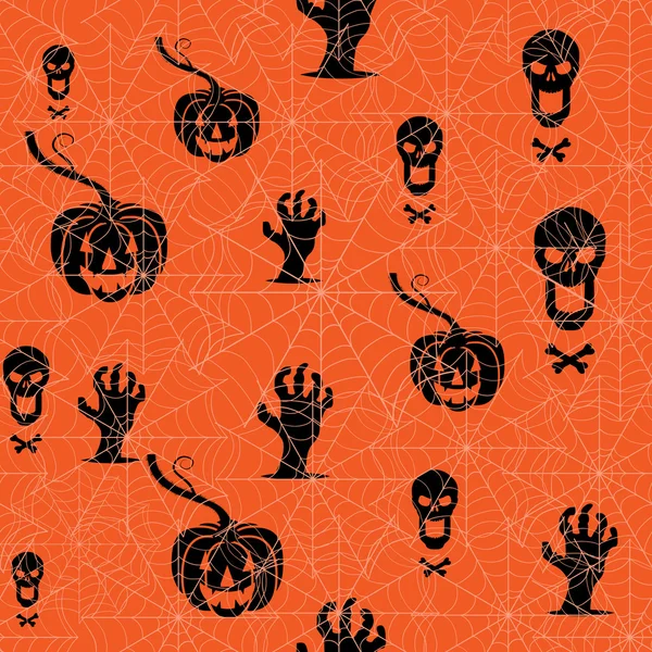 Fondo de Halloween sin costuras. Calabaza, cráneo y manos contorsionadas sobre un telón de fondo naranja con telaraña . — Vector de stock