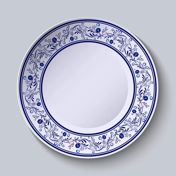 Plaque avec bordure à motifs bleus. Modèle de conception dans le style ethnique Gzhel porcelaine peinture . — Image vectorielle