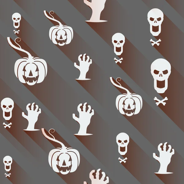 Nahtloser Halloween-Hintergrund. Kürbis, Totenkopf und verzerrte Hände mit langen Schatten vor grauem Hintergrund. — Stockvektor