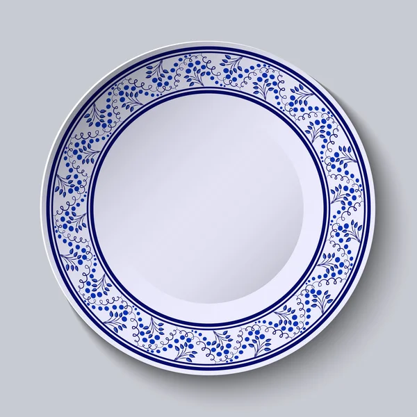 Placa con borde decorativo azul. Plantilla de diseño en estilo étnico pintura de porcelana Gzhel . — Vector de stock