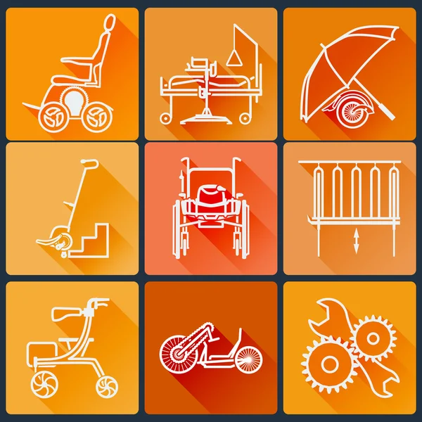 The equipment for people with disabilities. Set of bright icons flat in a fashionable style with long shadows in orange tones. — Stock Vector