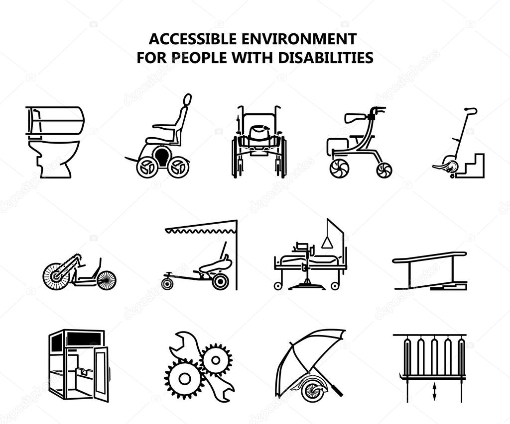 Set of icons on accessible environment for people with disabilities.