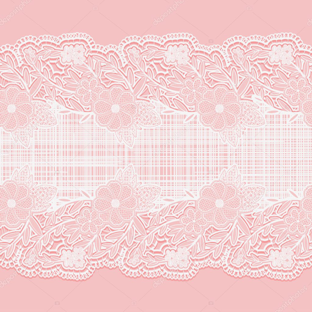 Lace horizontal seamless ribbon with cloth for design. White floral pattern on a pink background.