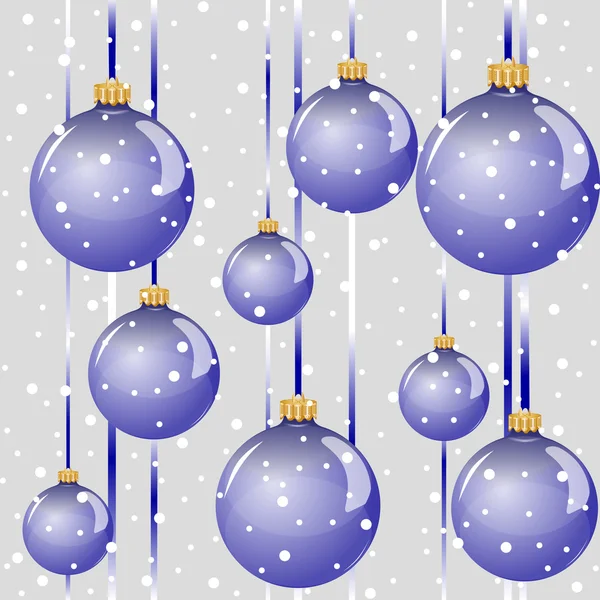 Seamless background with hanging glossy blue glass Christmas balls and falling snow. — Stock Vector