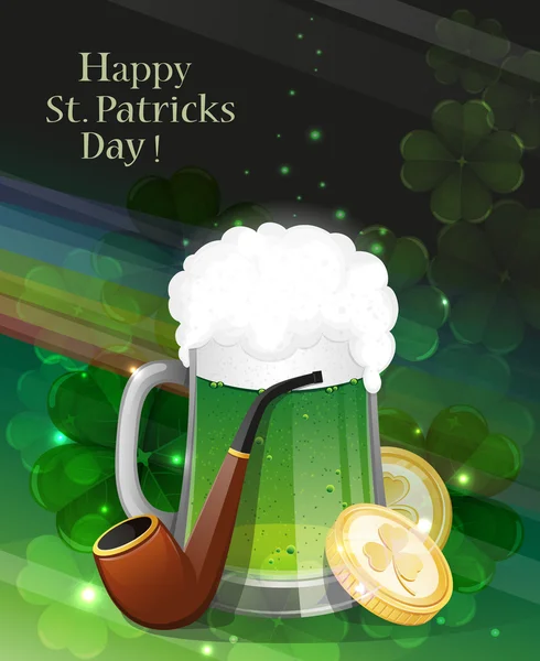 Glass of green beer and leprechaun pipe — Stock Vector