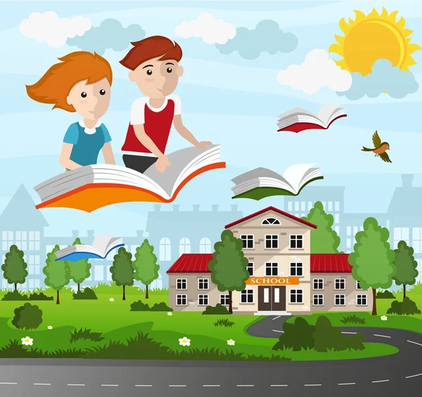 Παιδιά σχολικής ηλικίας που φέρουν πάνω σε ένα βιβλίο — Διανυσματικό Αρχείο