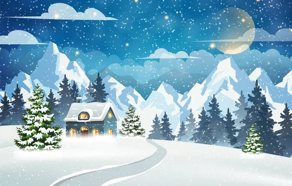 Casa Bosque Nevado Con Montañas Fondo Escena Nocturna Invierno Navidad — Archivo Imágenes Vectoriales