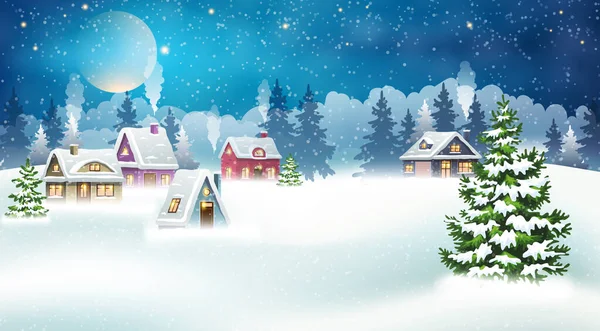 夜晚的乡村冬季风景 雪地覆盖着房屋和圣诞树 圣诞节假期矢量图解 — 图库矢量图片