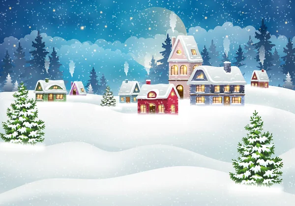 Abendliche Winterdorf Landschaft Mit Schneebedecktem Haus Weihnachtsferien Vektor Illustration — Stockvektor