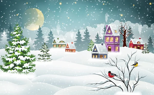 ヴィンテージクリスマスの村の家は 松の森の雪と枝のブルフィンチで覆われています 冬のクリスマスの風景 — ストックベクタ