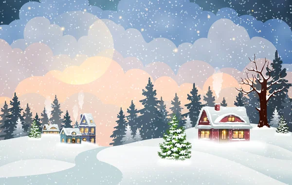 Paisagem Aldeia Inverno Com Pinhal Ilustração Vetor Natal — Vetor de Stock