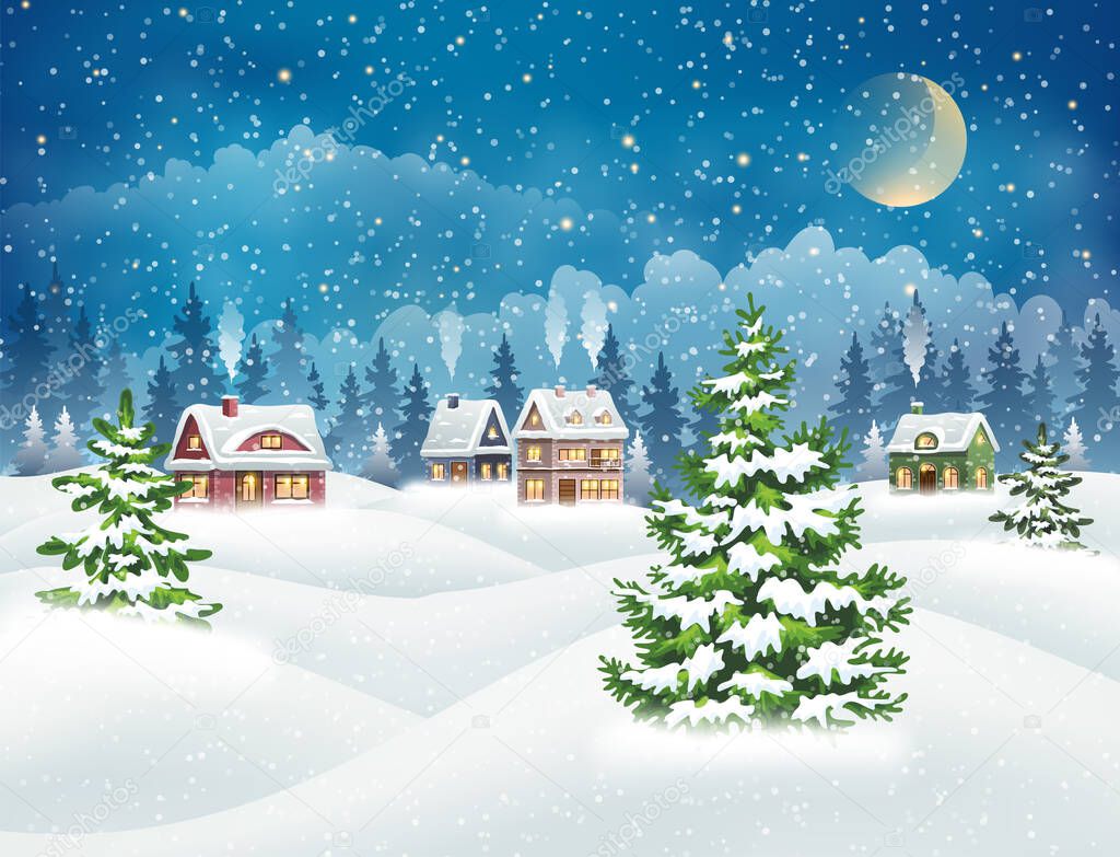 Evening village winter landscape with snow covered houses and christmas tree. Christmas holidays vector illustration