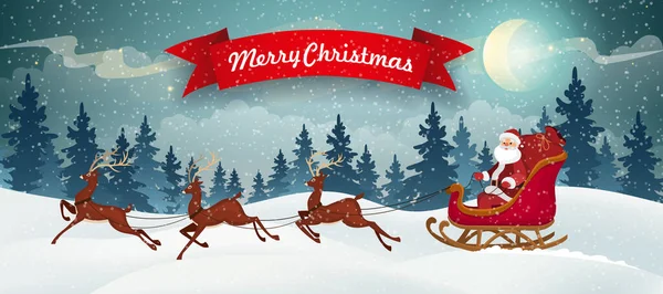 圣诞背景下的雪橇和驯鹿圣诞老人 冬季圣诞景观矢量背景雪山覆盖 松林飘扬红旗 — 图库矢量图片