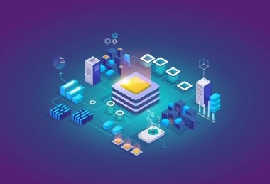 İşlem merkezi, depolama sunucuları, gelecekteki izometrik teknoloji engelleme konsepti. İniş sayfası şablonu. Web sitesi yöneticisi. İzometrik vektör illüstrasyonu 