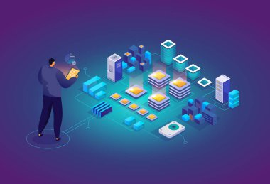 Veri merkezindeki teknisyen. Bilgisayar veri depolama ve kripto çiftçiliği çalışma istasyonu. Ağ ana bilgisayar altyapısı arka planı. Veri analiz konsepti web sitesi düzeni. Vektör izometrik.