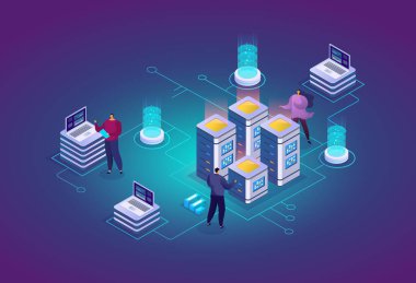 Soyut 3d izometrik vektör illüstrasyonuna ev sahipliği yapan web sitesi. Sistem yöneticileri, veri merkezi mühendisleri sunucu ile çalışır. İnternet sitelerinin geliştirilmesi, bakımı ve desteği.